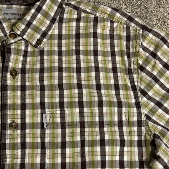 Carhartt Button Down Relaxed Fit Short Sleeve Plaid Pocket Shirt Mens Size Large - Picture 3 of 7